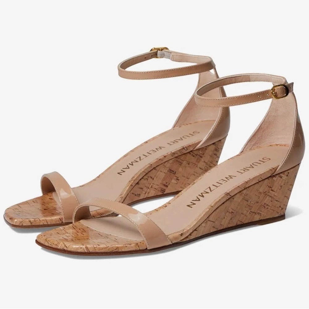 Stuart Weitzman Nudistcurve 50 Wedge Cork Patent Leather Ankle Strap Sandals NWT